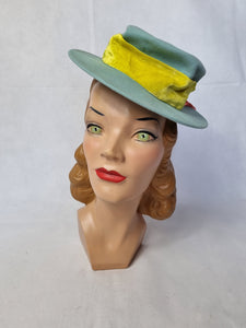1940s Pale Blue Felt Tilt Hat With Yellow, Pink and Lilac Velvet Bows