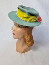 Load image into Gallery viewer, 1940s Pale Blue Felt Tilt Hat With Yellow, Pink and Lilac Velvet Bows
