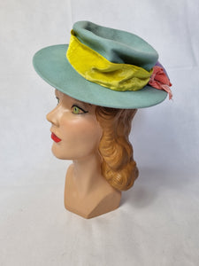 1940s Pale Blue Felt Tilt Hat With Yellow, Pink and Lilac Velvet Bows