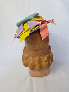 1940s Pale Blue Felt Tilt Hat With Yellow, Pink and Lilac Velvet Bows