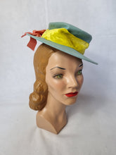 Load image into Gallery viewer, 1940s Pale Blue Felt Tilt Hat With Yellow, Pink and Lilac Velvet Bows
