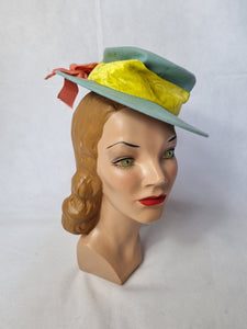 1940s Pale Blue Felt Tilt Hat With Yellow, Pink and Lilac Velvet Bows