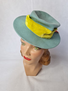 1940s Pale Blue Felt Tilt Hat With Yellow, Pink and Lilac Velvet Bows