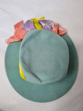 Load image into Gallery viewer, 1940s Pale Blue Felt Tilt Hat With Yellow, Pink and Lilac Velvet Bows
