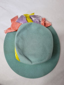1940s Pale Blue Felt Tilt Hat With Yellow, Pink and Lilac Velvet Bows