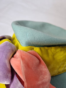 1940s Pale Blue Felt Tilt Hat With Yellow, Pink and Lilac Velvet Bows