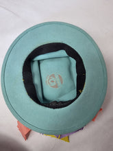 Load image into Gallery viewer, 1940s Pale Blue Felt Tilt Hat With Yellow, Pink and Lilac Velvet Bows
