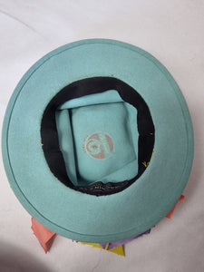 1940s Pale Blue Felt Tilt Hat With Yellow, Pink and Lilac Velvet Bows