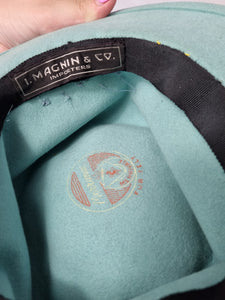 1940s Pale Blue Felt Tilt Hat With Yellow, Pink and Lilac Velvet Bows