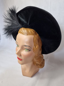 1940s Black Velvet Feather Halo Hat