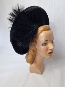 1940s Black Velvet Feather Halo Hat