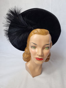 1940s Black Velvet Feather Halo Hat