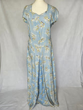 Load image into Gallery viewer, 1940s Wounded Pale Blue Silky House Dress With Yellow and Brown Leaf Pattern

