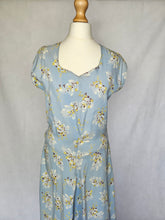 Load image into Gallery viewer, 1940s Wounded Pale Blue Silky House Dress With Yellow and Brown Leaf Pattern
