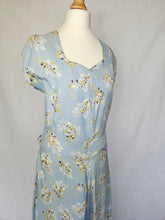 Load image into Gallery viewer, 1940s Wounded Pale Blue Silky House Dress With Yellow and Brown Leaf Pattern
