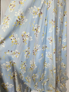 1940s Wounded Pale Blue Silky House Dress With Yellow and Brown Leaf Pattern