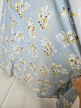 Load image into Gallery viewer, 1940s Wounded Pale Blue Silky House Dress With Yellow and Brown Leaf Pattern
