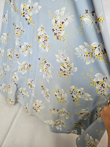 1940s Wounded Pale Blue Silky House Dress With Yellow and Brown Leaf Pattern