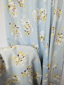 1940s Wounded Pale Blue Silky House Dress With Yellow and Brown Leaf Pattern