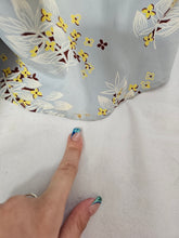 Load image into Gallery viewer, 1940s Wounded Pale Blue Silky House Dress With Yellow and Brown Leaf Pattern

