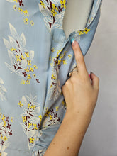 Load image into Gallery viewer, 1940s Wounded Pale Blue Silky House Dress With Yellow and Brown Leaf Pattern
