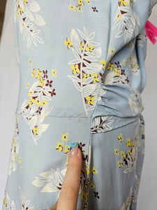 1940s Wounded Pale Blue Silky House Dress With Yellow and Brown Leaf Pattern