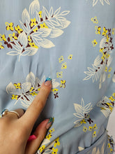 Load image into Gallery viewer, 1940s Wounded Pale Blue Silky House Dress With Yellow and Brown Leaf Pattern
