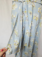 Load image into Gallery viewer, 1940s Wounded Pale Blue Silky House Dress With Yellow and Brown Leaf Pattern
