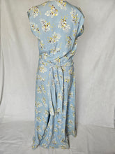 Load image into Gallery viewer, 1940s Wounded Pale Blue Silky House Dress With Yellow and Brown Leaf Pattern
