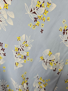 1940s Wounded Pale Blue Silky House Dress With Yellow and Brown Leaf Pattern