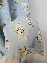 Load image into Gallery viewer, 1940s Wounded Pale Blue Silky House Dress With Yellow and Brown Leaf Pattern
