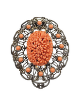 Load image into Gallery viewer, 1930s Huge Rare Czech Filigree and Coral Pink Celluloid Dress Clip
