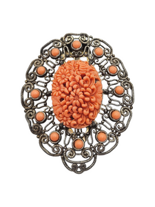 1930s Huge Rare Czech Filigree and Coral Pink Celluloid Dress Clip