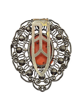Load image into Gallery viewer, 1930s Huge Rare Czech Filigree and Coral Pink Celluloid Dress Clip
