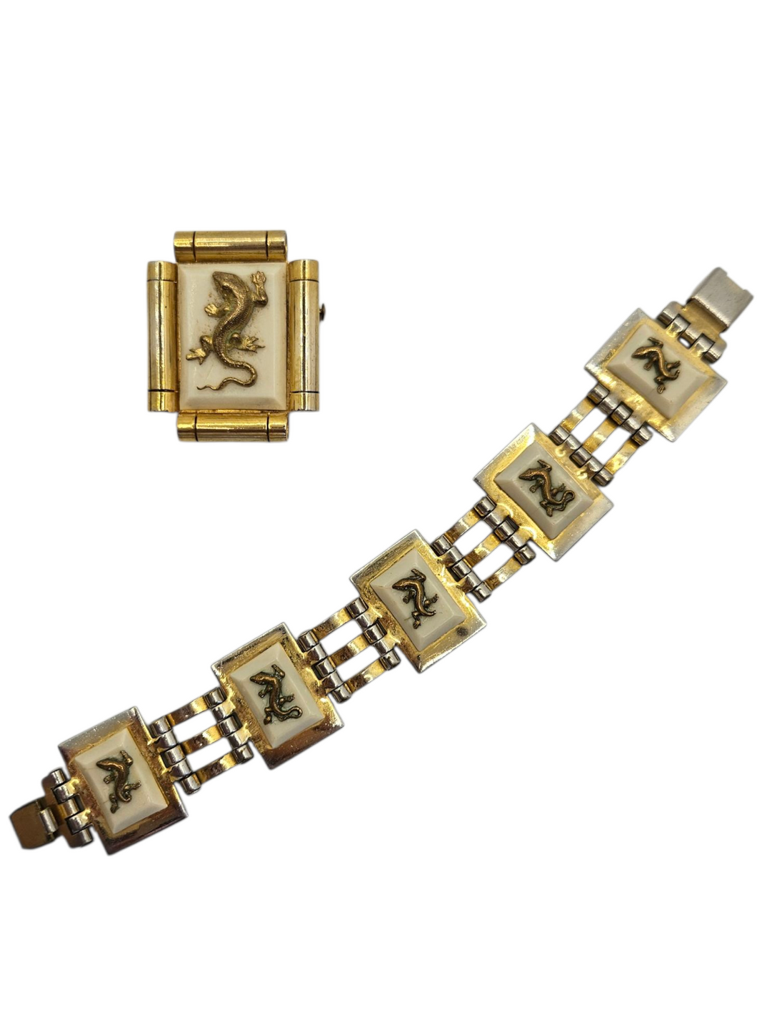 1930s Rare Deco Jean Painleve Lizard Brooch and Bracelet Set