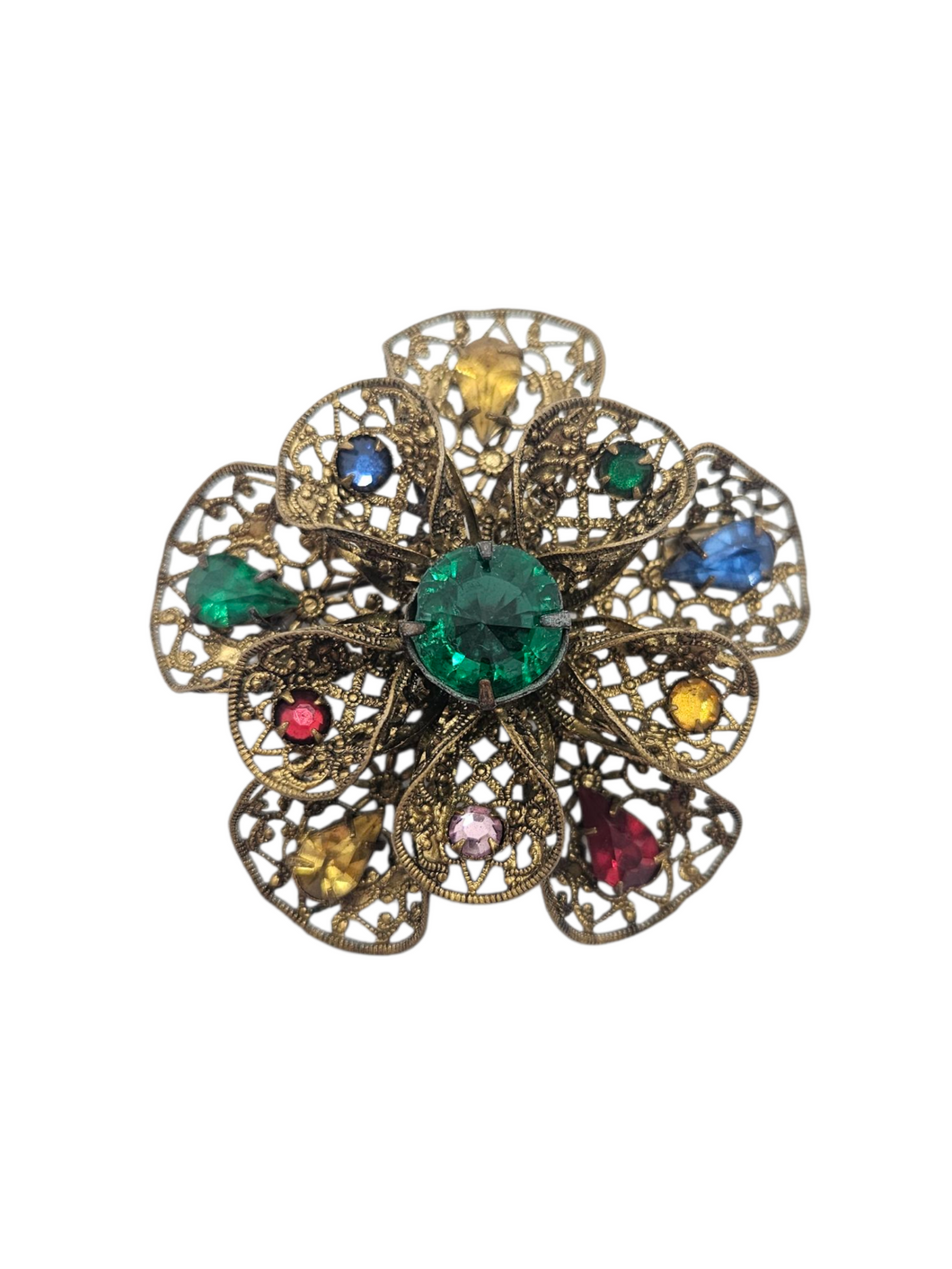 1930s Czech 3D Filigree Multicoloured Flower Brooch