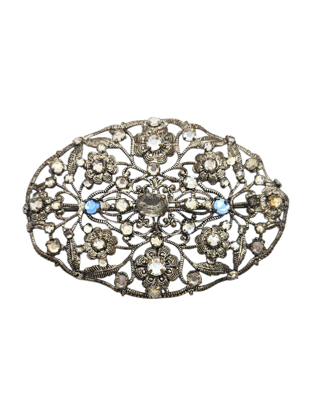 1930s Czech Blue and Clear Filigree Brooch