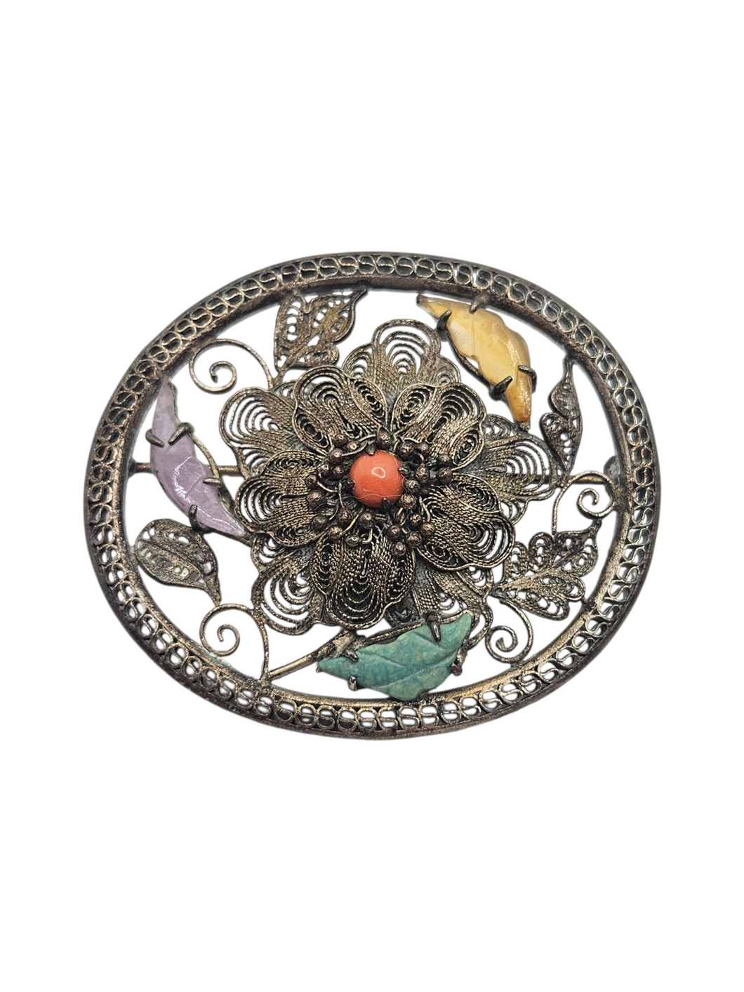 1930s Chinese Filigree Glass Flower Brooch