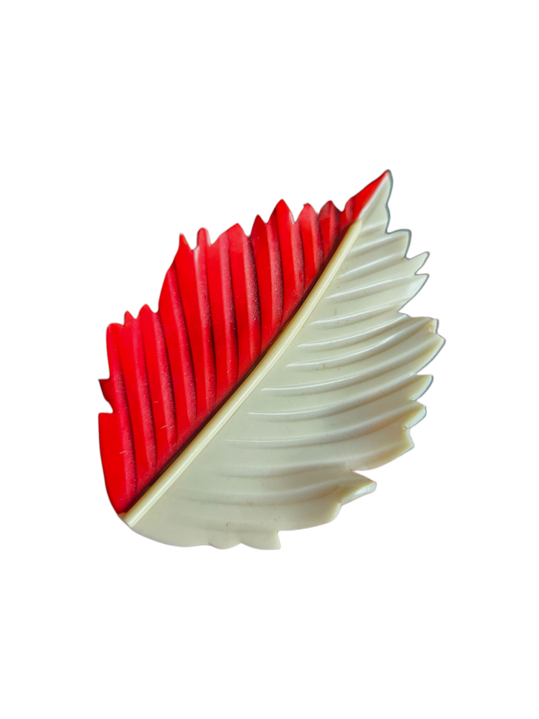 1940s Celluloid Red and White Celluloid Leaf Brooch