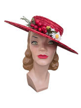 Load image into Gallery viewer, 1940s Huge Red Straw/Raffia Hat With Daisies and Cherries
