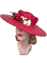 Load image into Gallery viewer, 1940s Huge Red Straw/Raffia Hat With Daisies and Cherries
