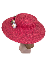 Load image into Gallery viewer, 1940s Huge Red Straw/Raffia Hat With Daisies and Cherries
