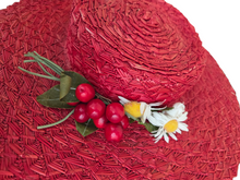 Load image into Gallery viewer, 1940s Huge Red Straw/Raffia Hat With Daisies and Cherries
