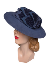 Load image into Gallery viewer, 1940s Dark Dusky Blue Velvet Leaf Tilt Hat
