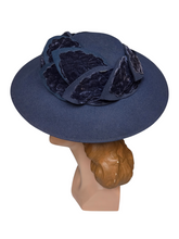 Load image into Gallery viewer, 1940s Dark Dusky Blue Velvet Leaf Tilt Hat
