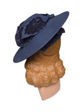 Load image into Gallery viewer, 1940s Dark Dusky Blue Velvet Leaf Tilt Hat
