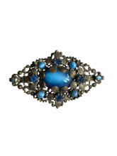 Load image into Gallery viewer, 1930s Czech Blue Satin Glass Filigree Brooch
