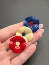 Load image into Gallery viewer, 1940s Red, White and Blue Celluloid Flower Brooch
