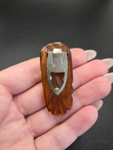 Load image into Gallery viewer, 1940s Green/Orange Chunky Carved Bakelkte Dress Clip
