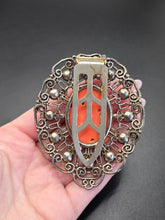 Load image into Gallery viewer, 1930s Huge Rare Czech Filigree and Coral Pink Celluloid Dress Clip
